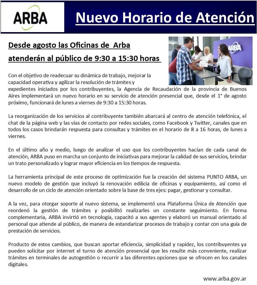 ARBA: nuevo horario de atención | Colegio de Gestores de la Provincia de  Buenos Aires